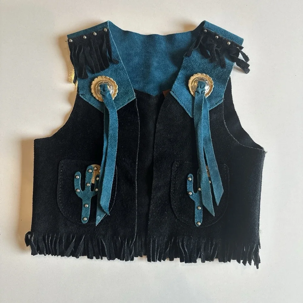 Vtg Cowgirl Child's Dress up 100% Genuine Leather Suede Black Teal Vest Small